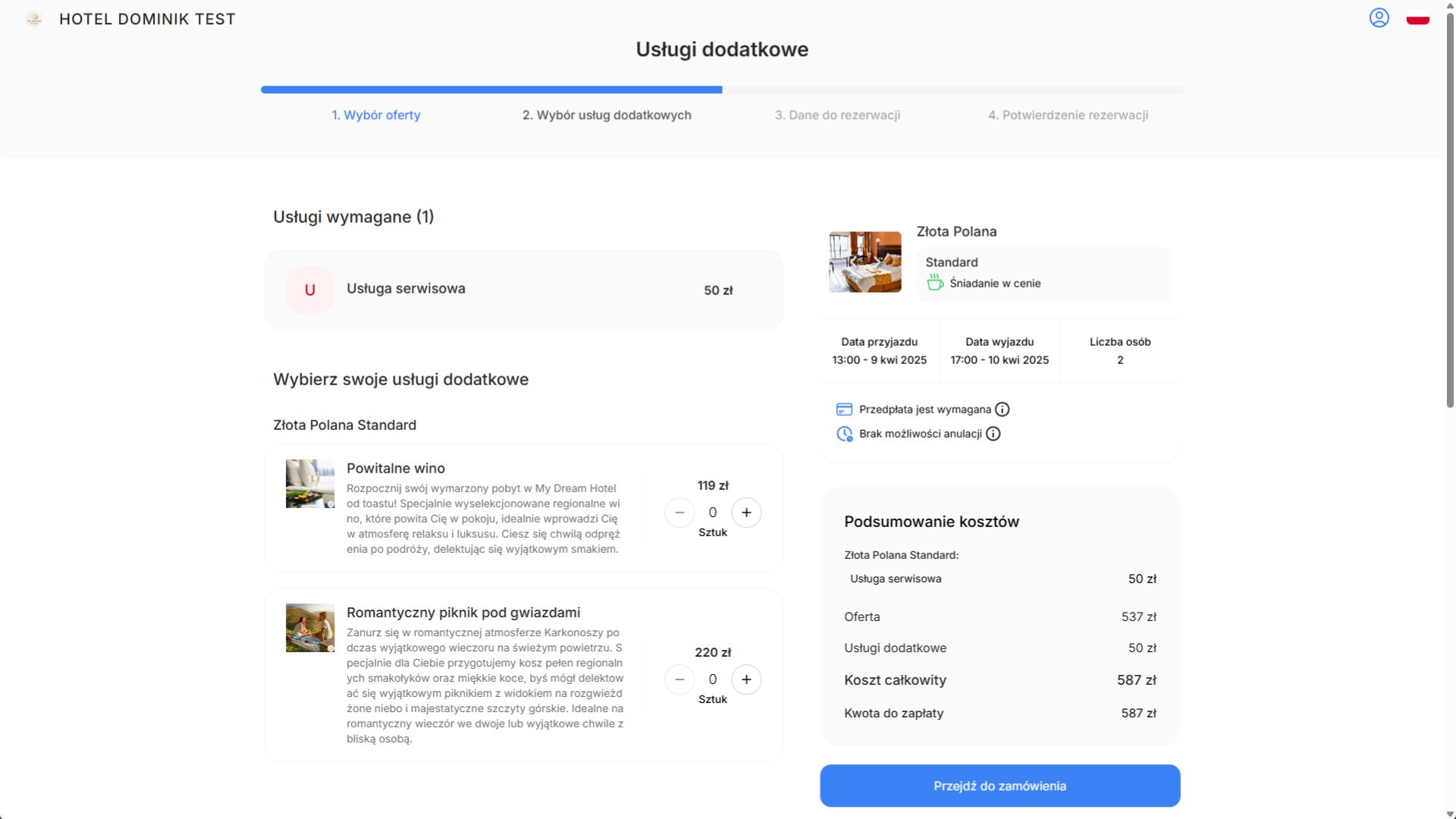 Możesz oferować Gościom dodatkowe usługi już na etapie rezerwacji pobytu. W przyszłości AI Booking Engine będzie wręcz samodzielnie decydować, które usługi mają największą szansę zainteresować danego Gościa.
